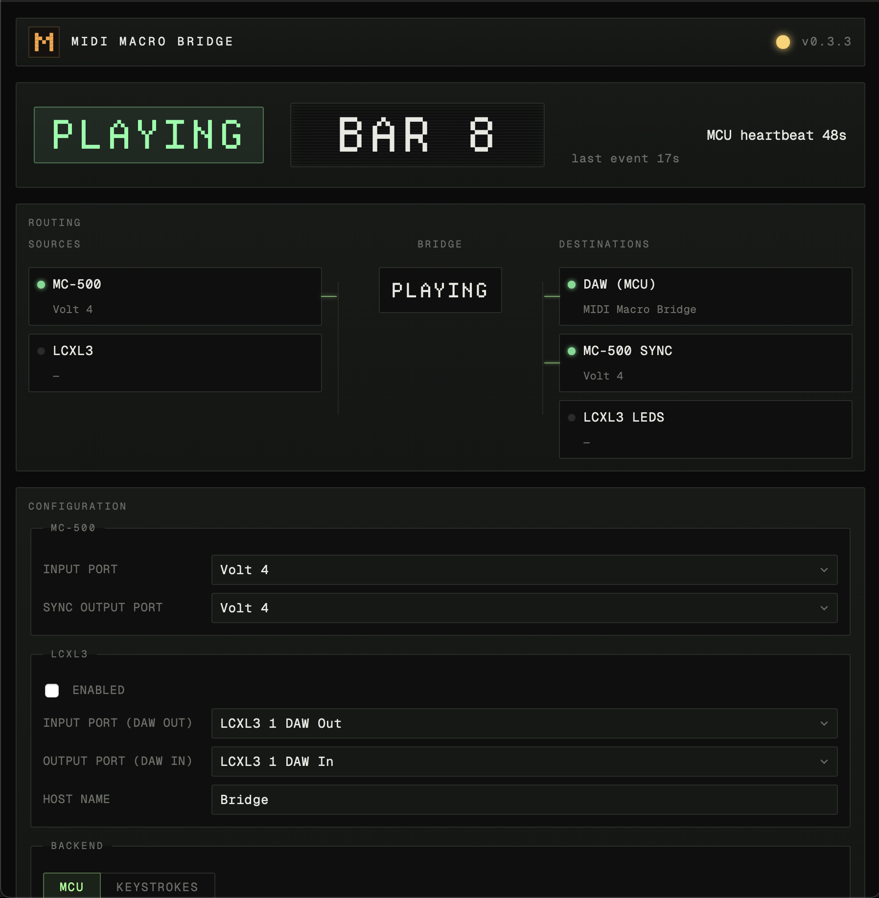 The MIDI Macro Bridge control surface — MC-500 routing live through the bridge to the DAW via MCU, status display showing PLAYING / BAR 8 / MCU heartbeat 48s.