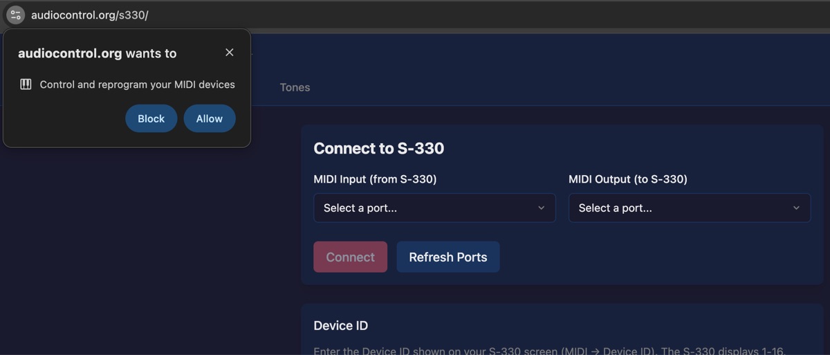 Browser MIDI access permission dialog