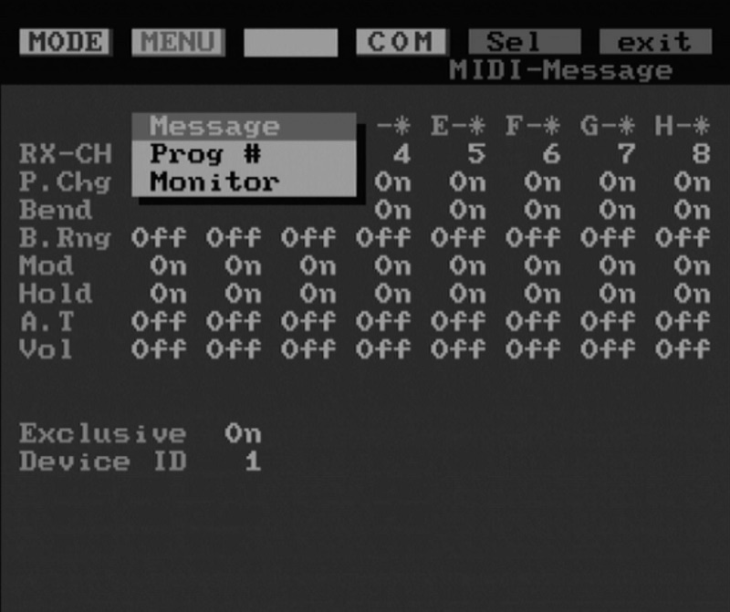 S-330 MIDI menu showing Message option