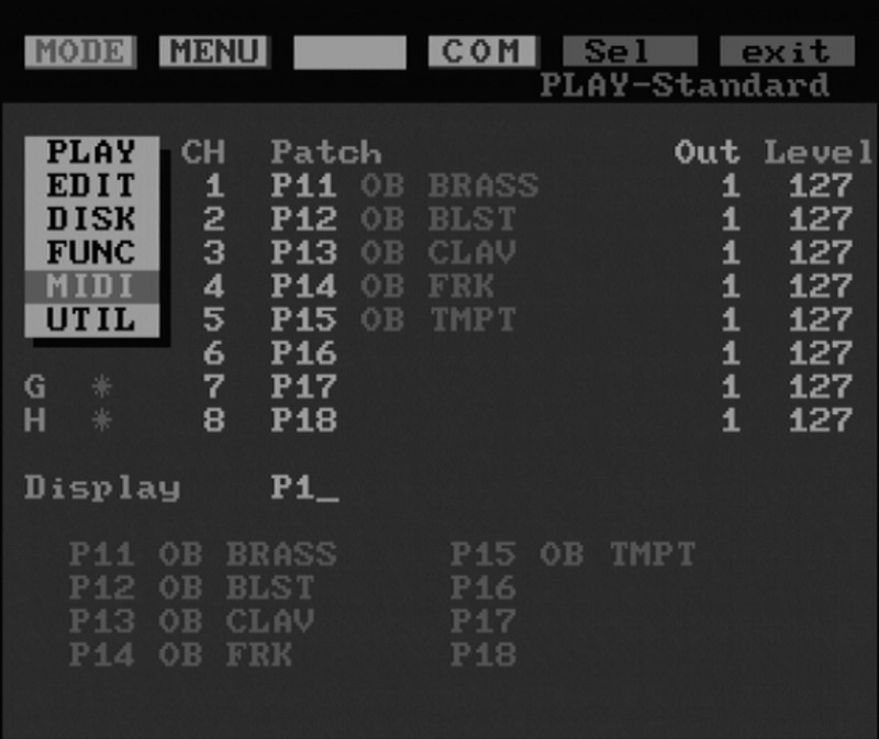 S-330 Mode menu with MIDI highlighted