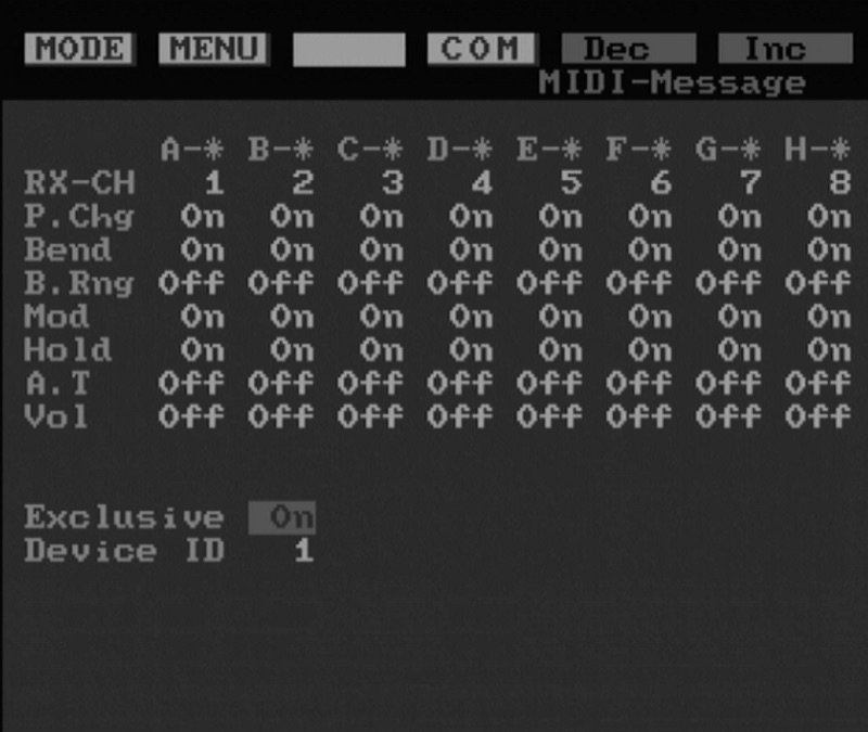 S-330 MIDI-Message screen with Exclusive On