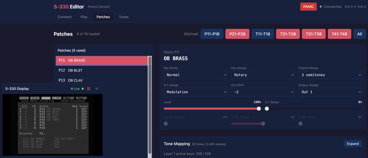 Patch editor showing all editable parameters