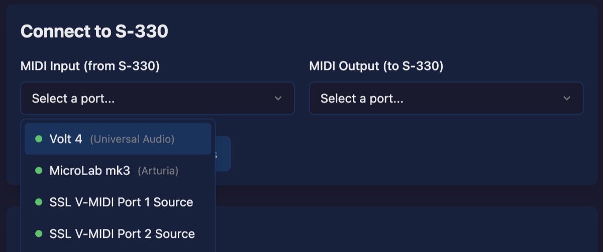 MIDI input port dropdown showing available devices