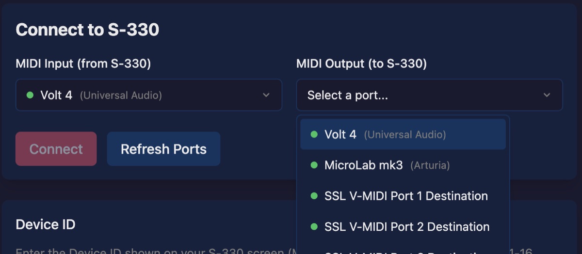 MIDI output port dropdown showing available devices