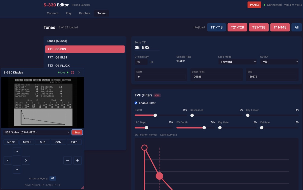 Tone editor showing organized parameter groups