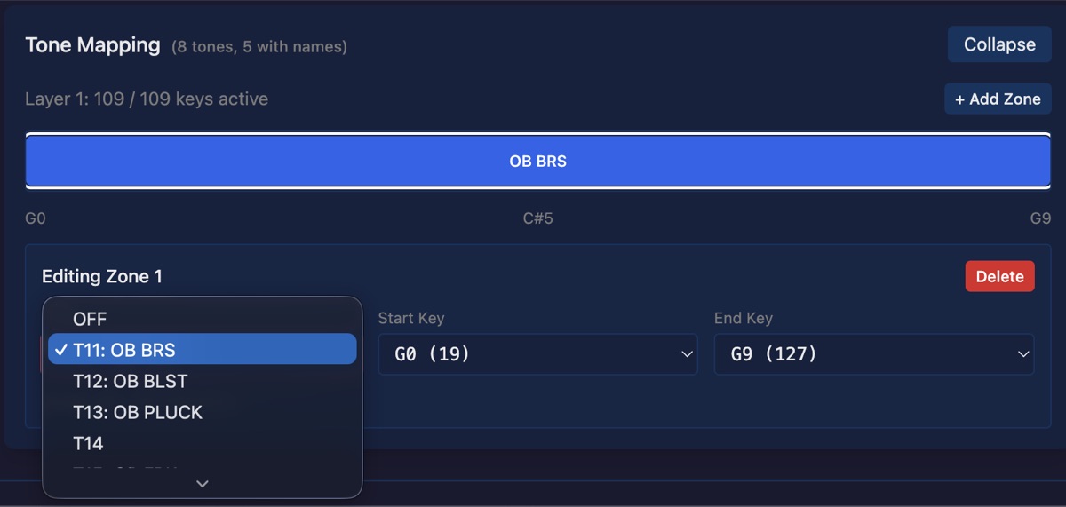Zone editor showing keyboard-to-tone assignments